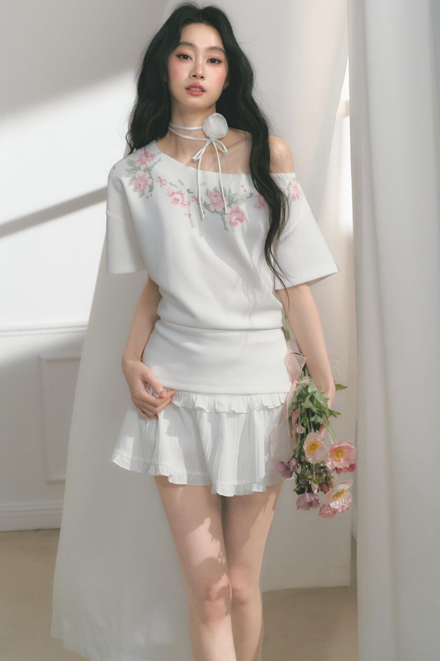 Floral Embroidered Button Top