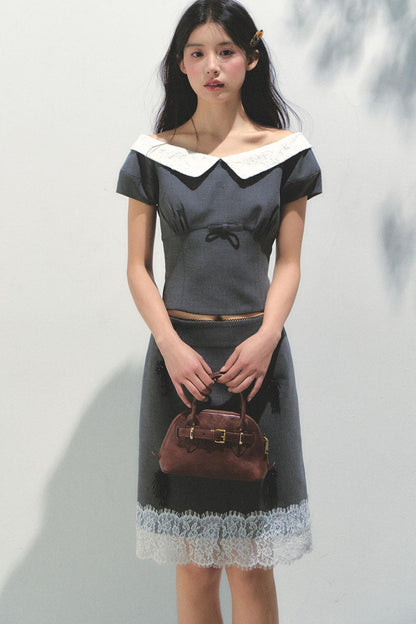 Beaded Princess Sleeve Top Skirt Set-Up