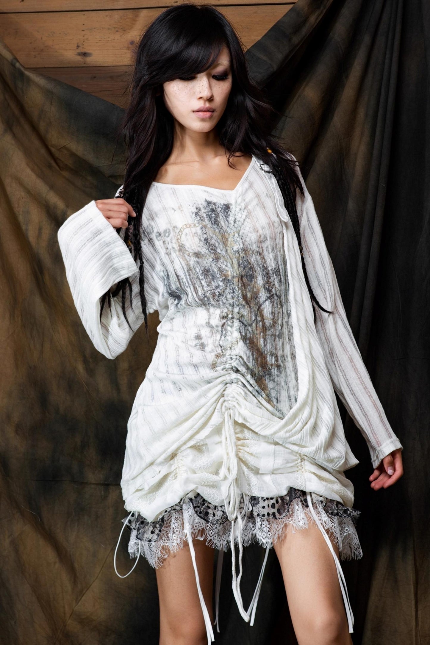 Vintage V-Neck Lace-Up Knitted Print Long Sleeve T-Shirt