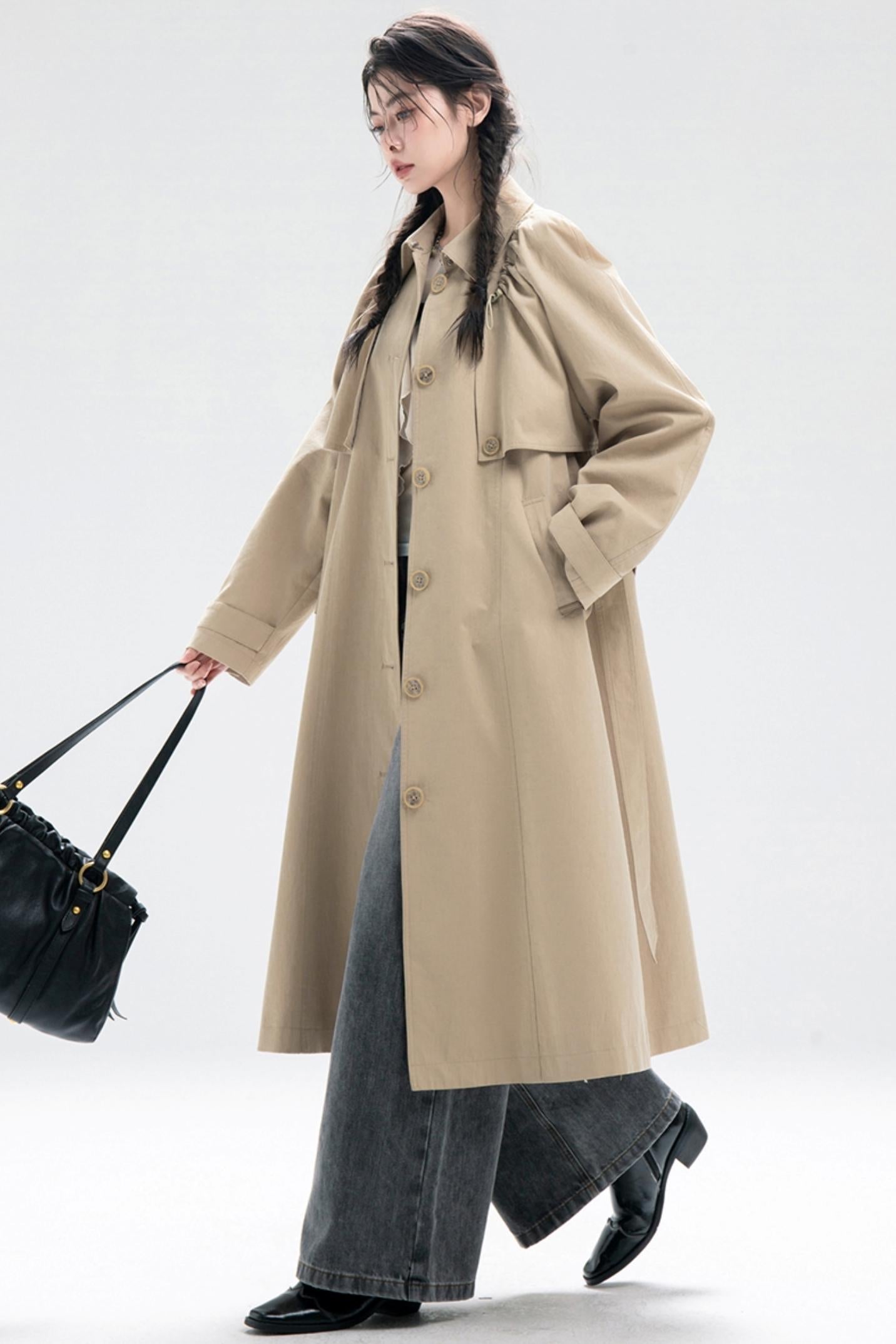 Almond Khaki Drawstring Trench Coat