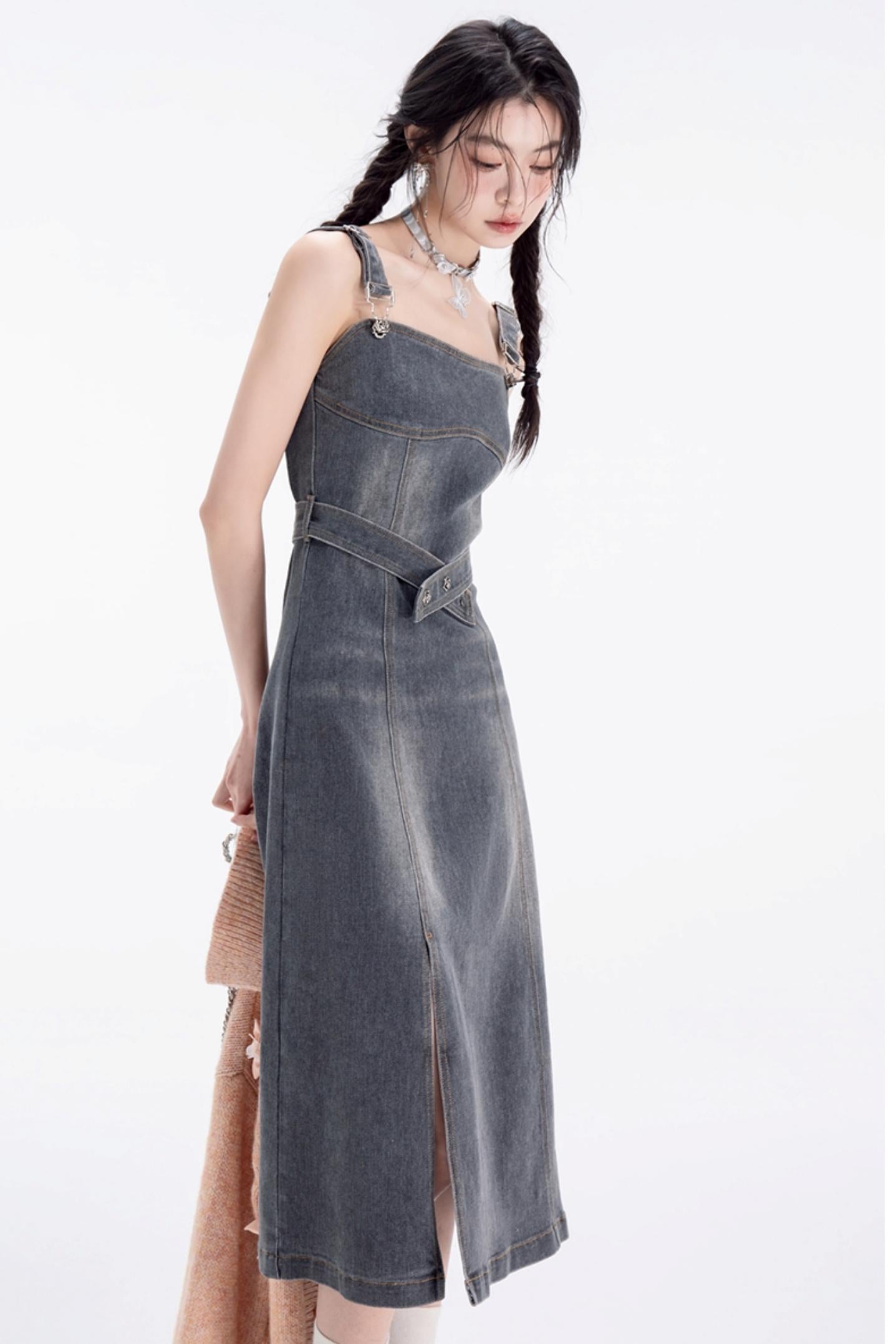 Distressed Wash Denim Strap Dress