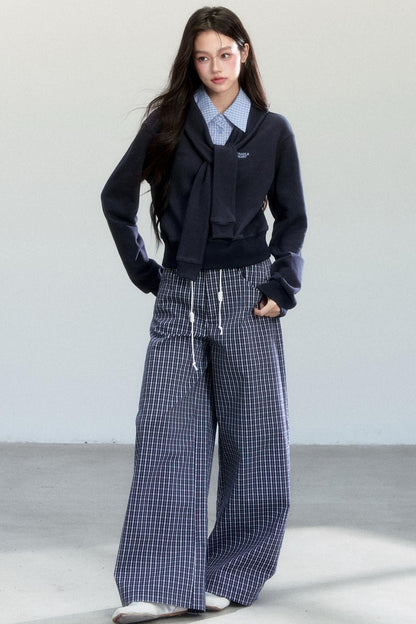 Navy Vine Plaid Wide-Leg Pants