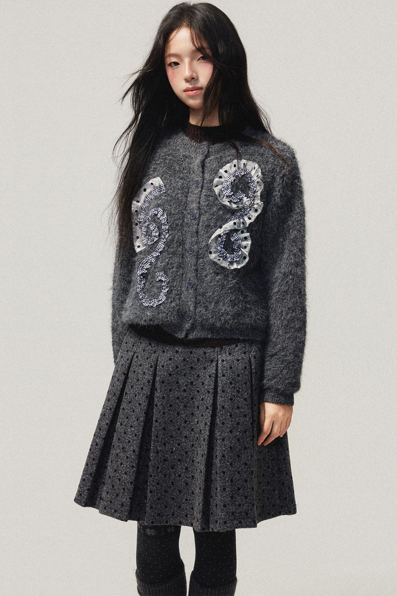 Gray Polka Dot Wool Pleated Skirt