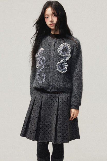 Gray Polka Dot Wool Pleated Skirt