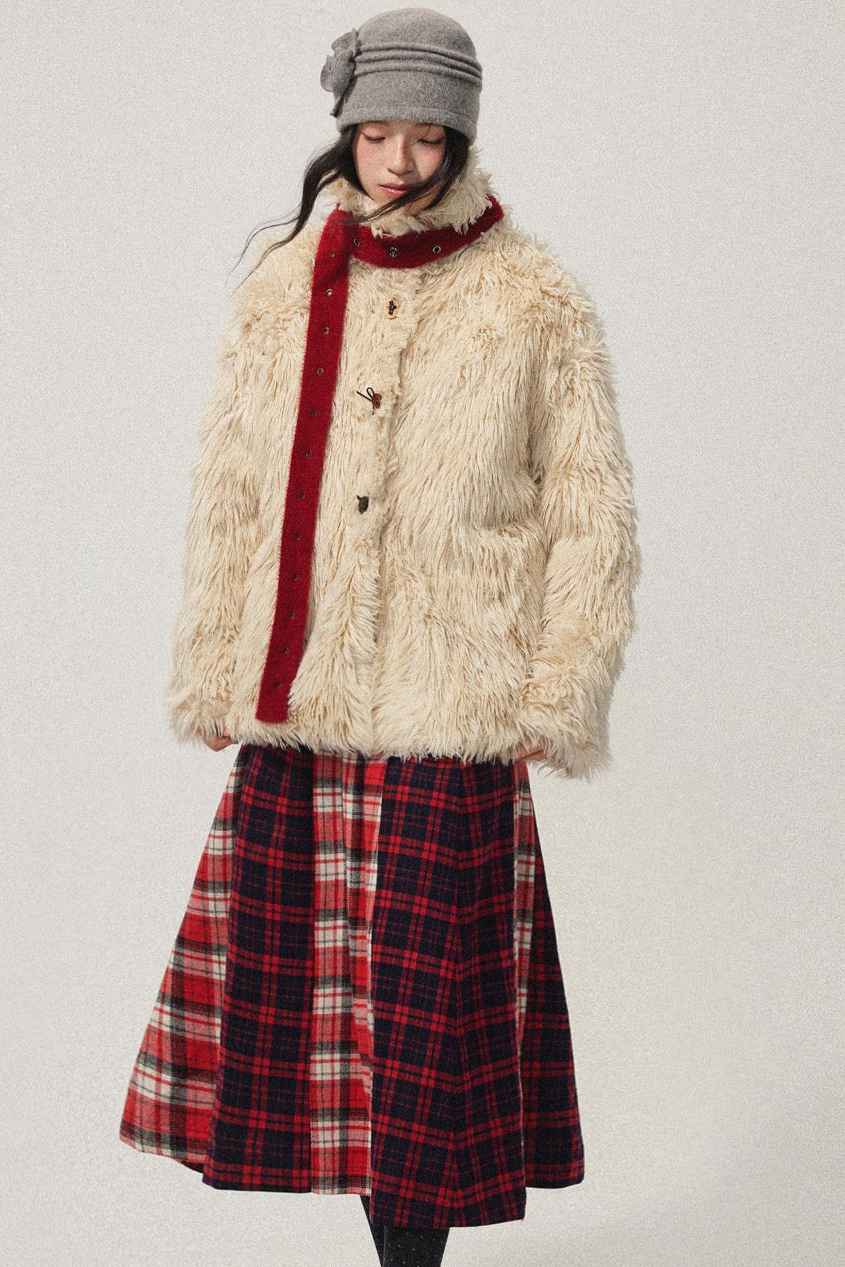 Khaki Wool Fur Collar Slim Coat