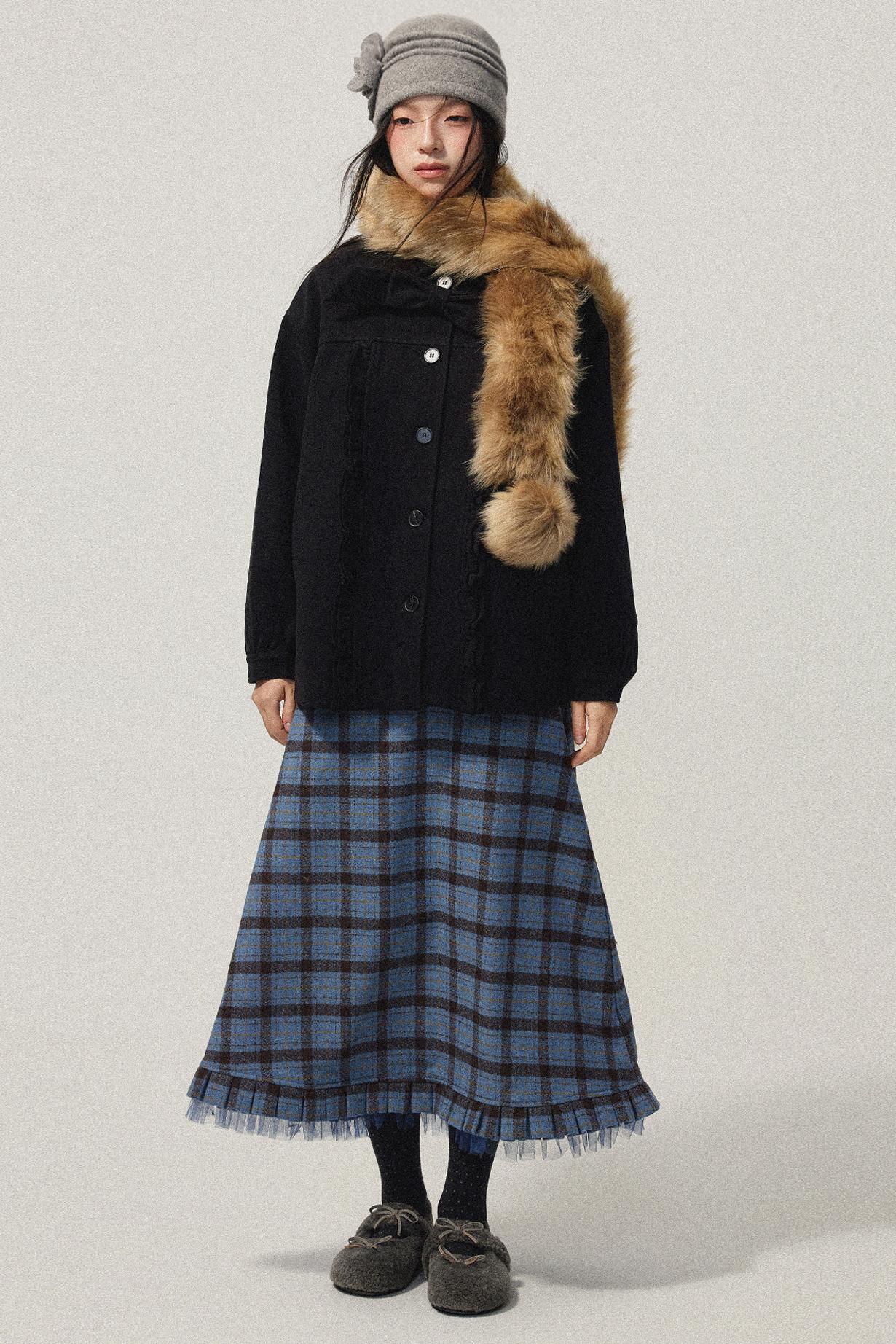 Black Wool Bow Midi Coat