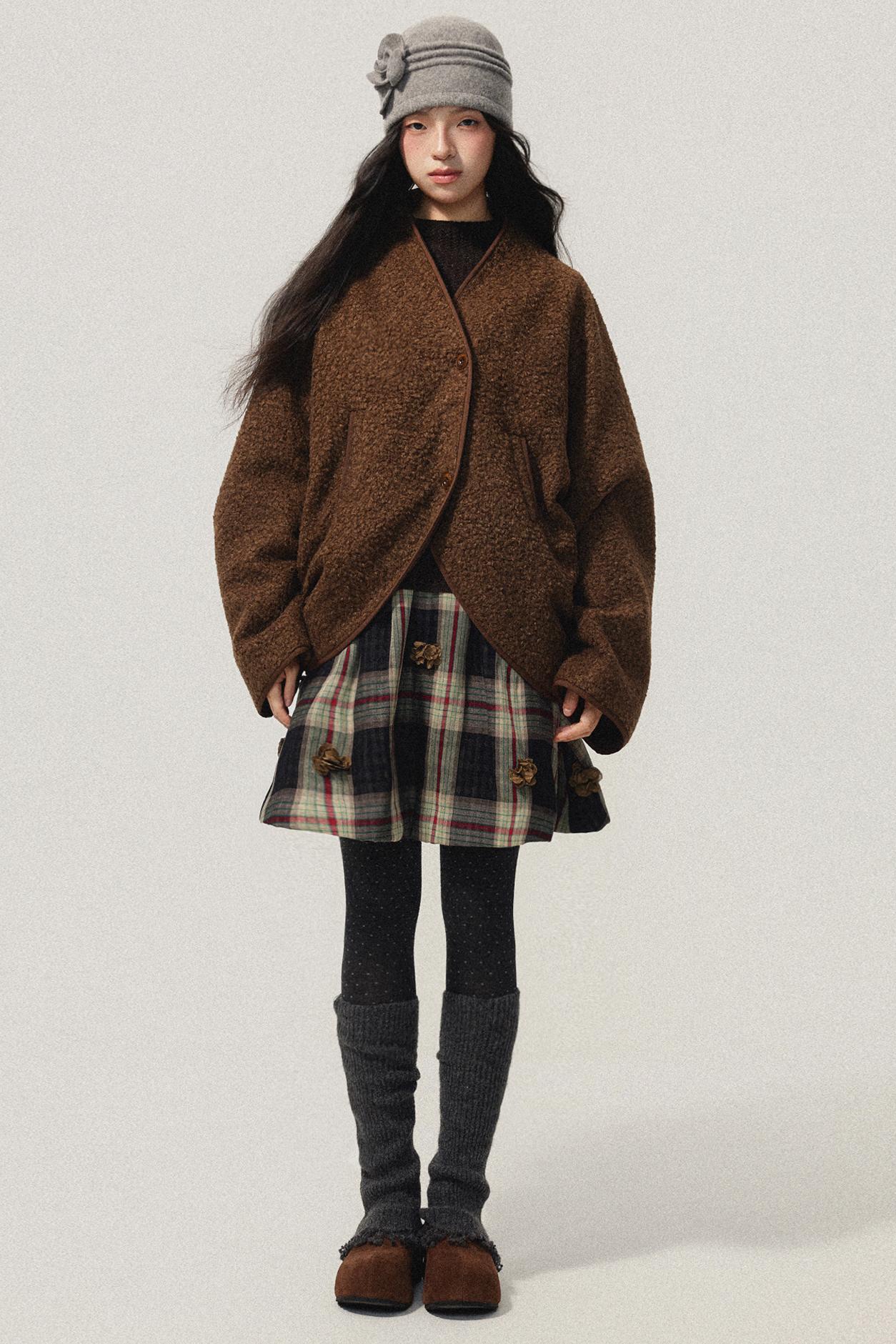 Brown Collarless Lambswool Jacket