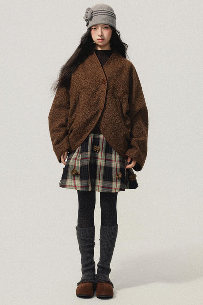 Brown Collarless Lambswool Jacket