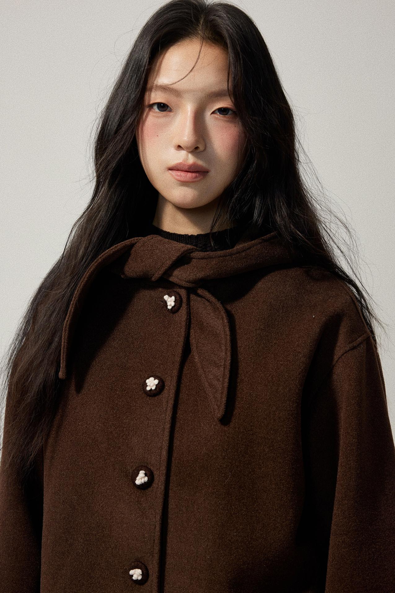 Brown Hooded Bow Tweed Jacket