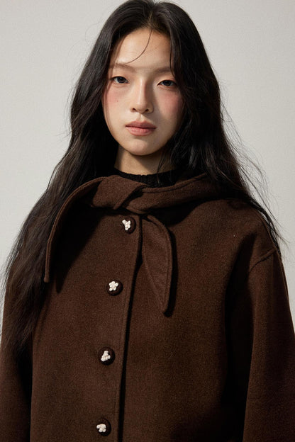 Brown Hooded Bow Tweed Jacket