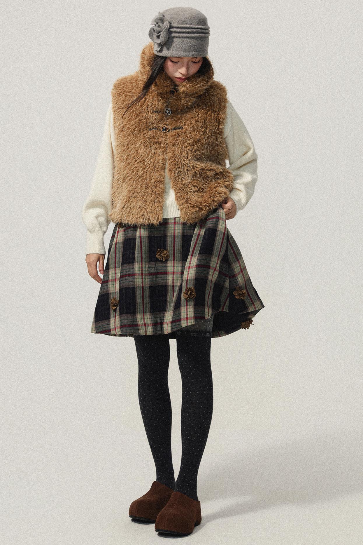 Coffee Red Plaid Cotton Warm Skirt