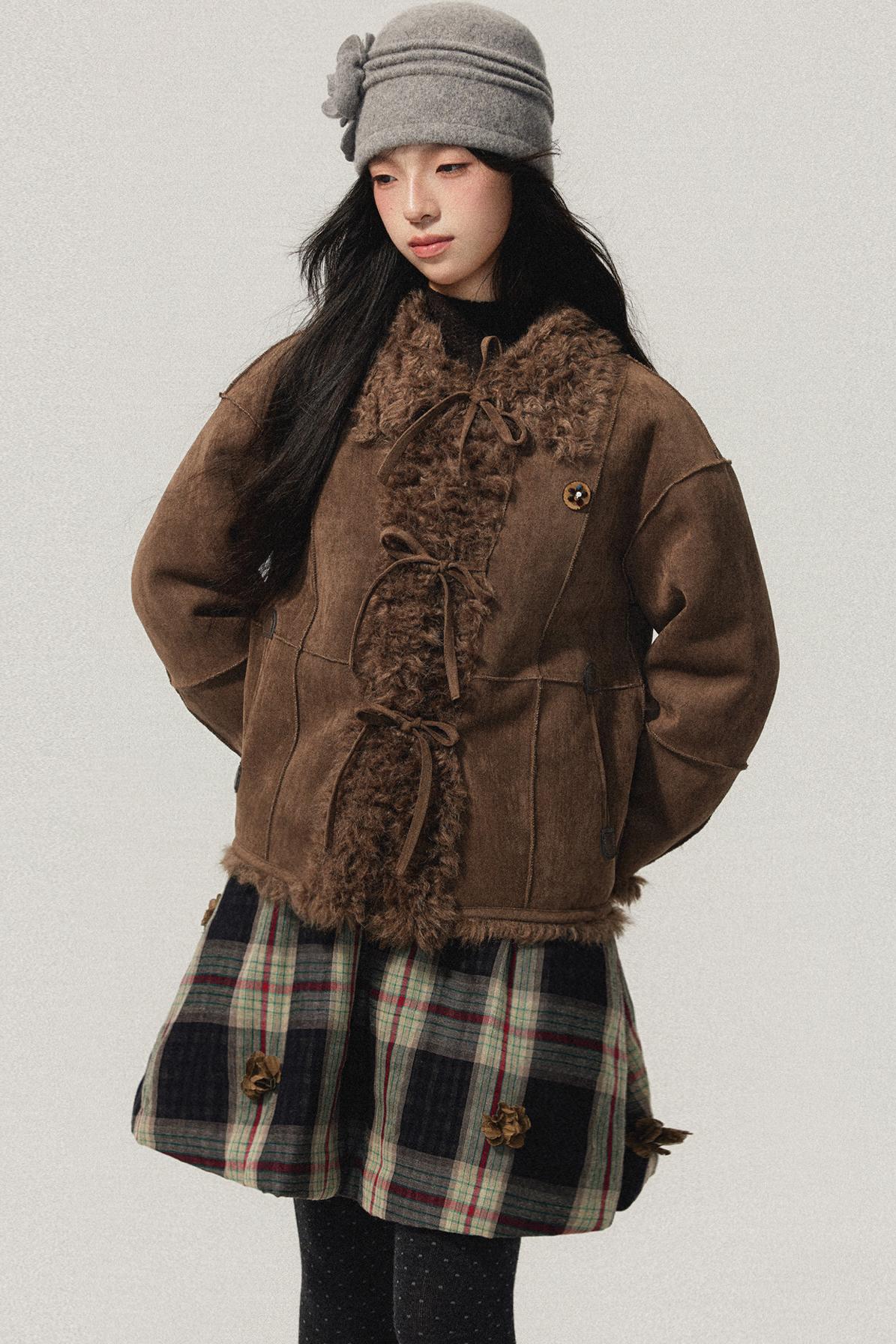 Brown Bow Detail Flower Brooch Coat