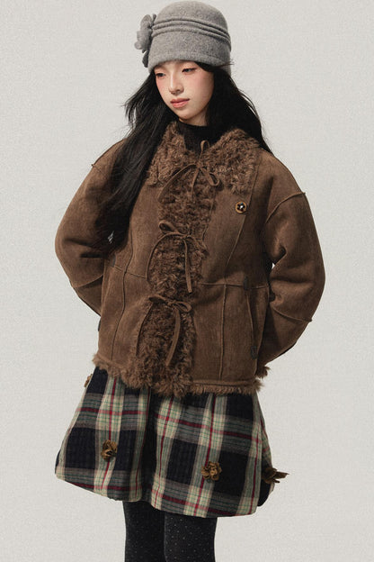 Brown Bow Detail Flower Brooch Coat