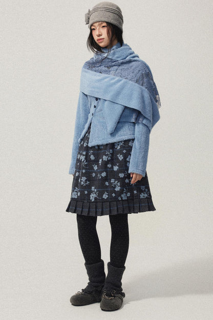 Grey Plaid Flocked Flower Pleated Skirt