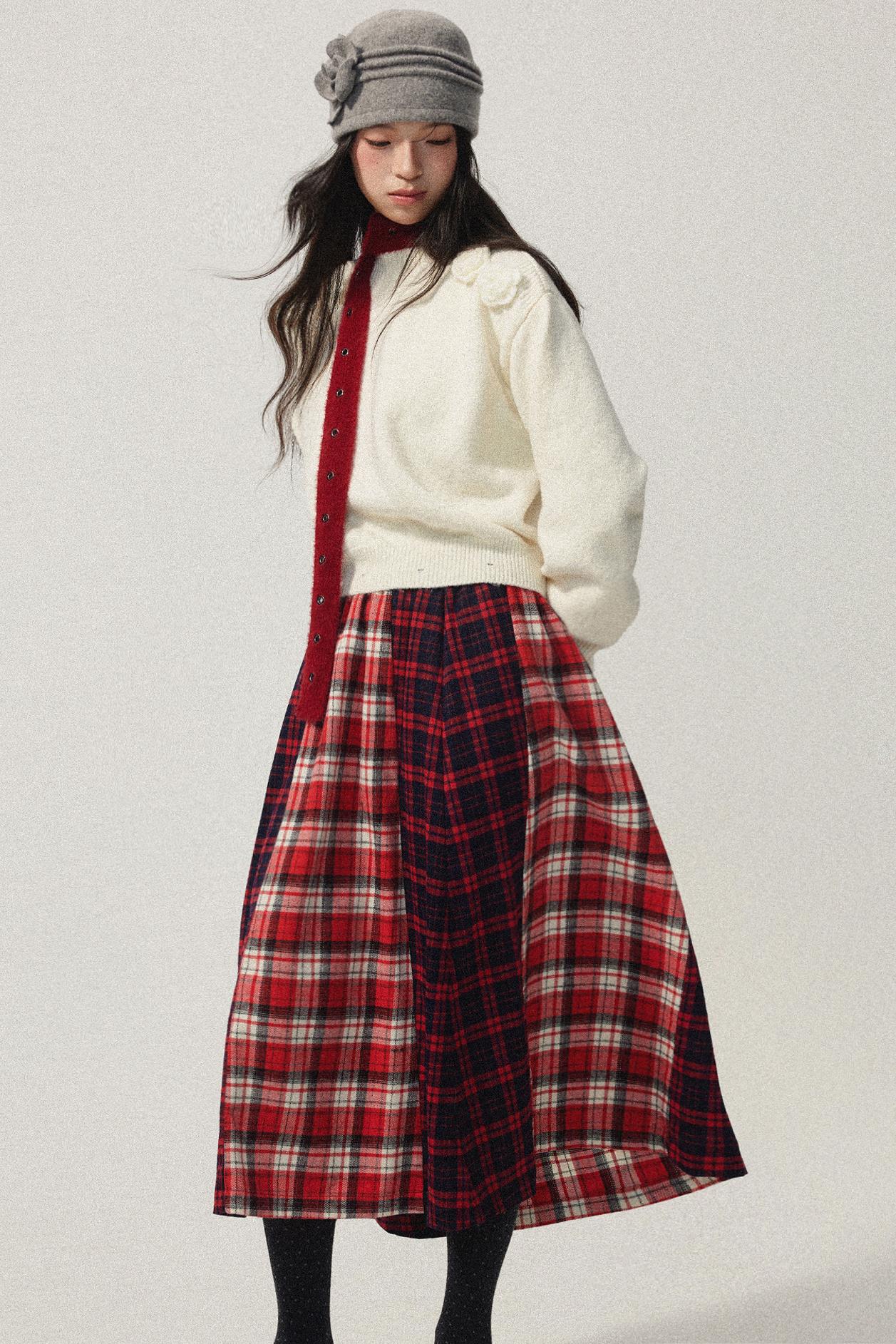 Red Plaid Elastic Waist A-Line Skirt