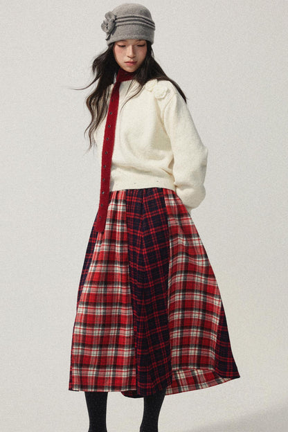 Red Plaid Elastic Waist A-Line Skirt
