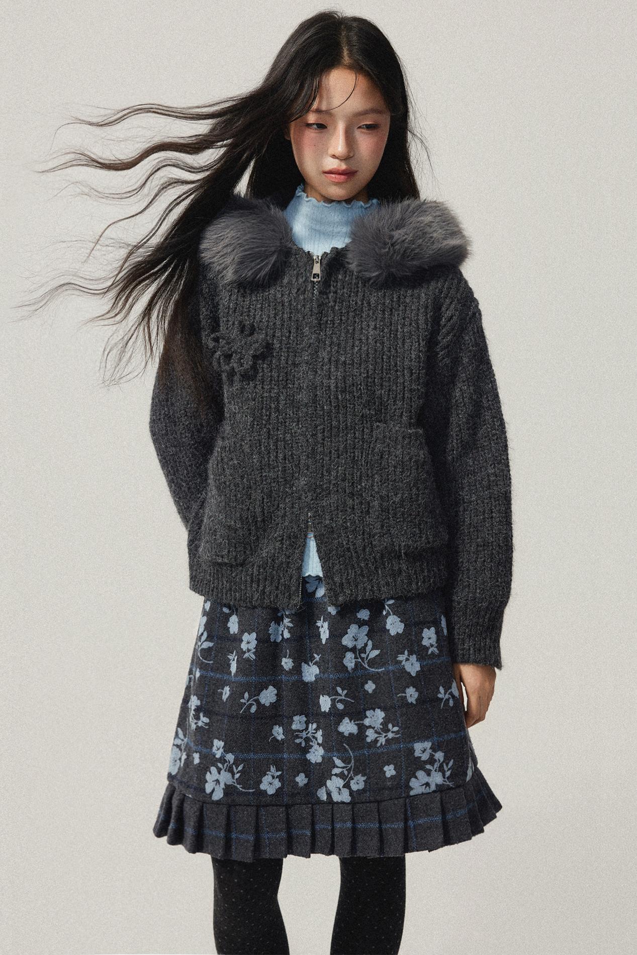 Grey Hooded Floral Zip Up Sweater