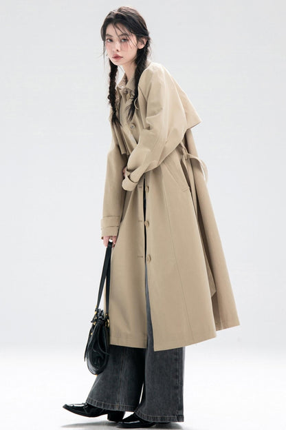 Almond Khaki Drawstring Trench Coat