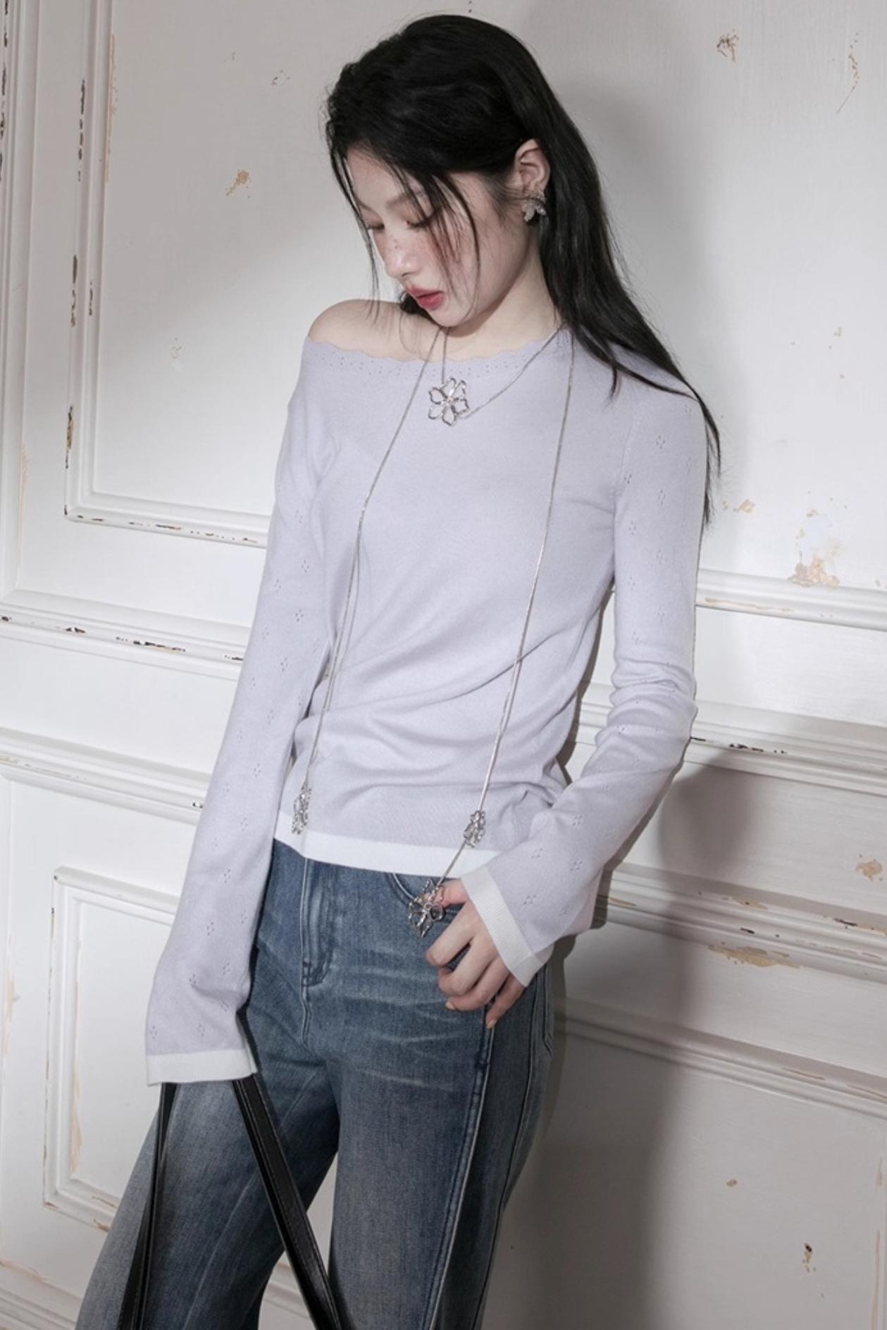 Cream Purple Wool One-Line Collar Top