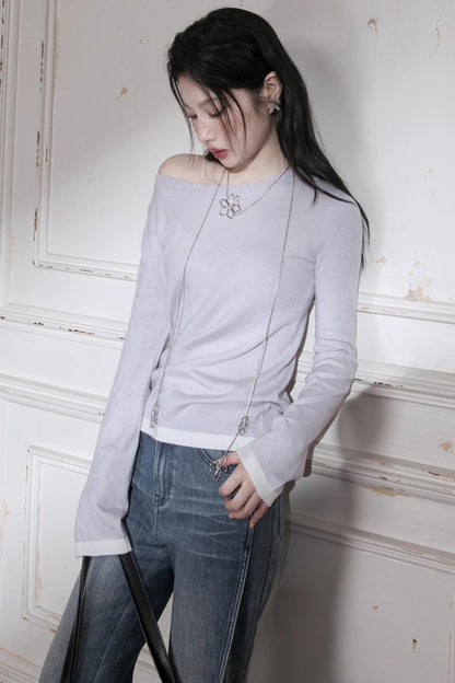 Cream Purple Wool One-Line Collar Top