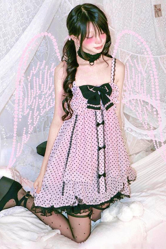 Pink Polka Dot Chiffon Doll Dress Set-Up