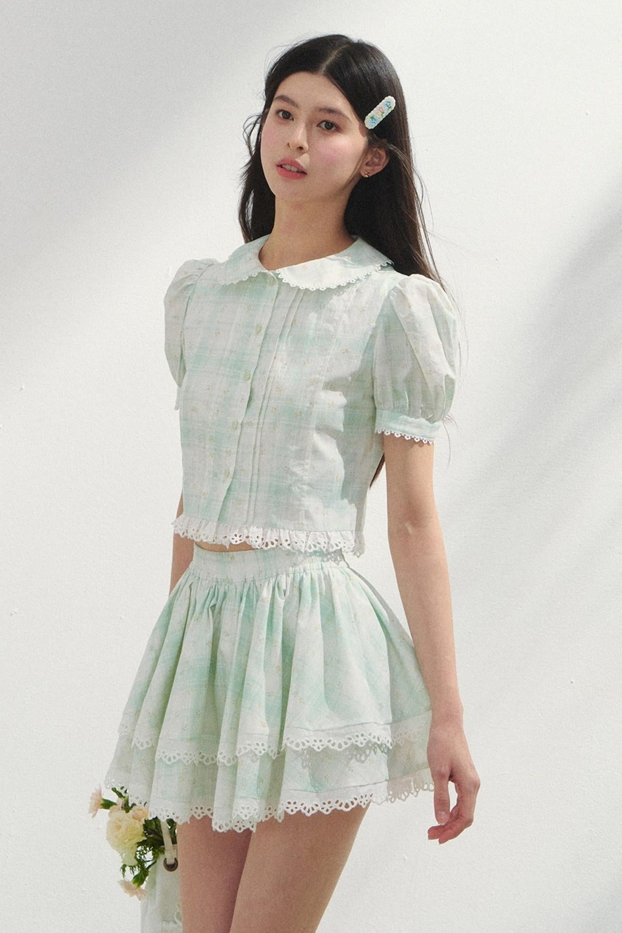 Minty Checks Skirt Shirt Set-Up
