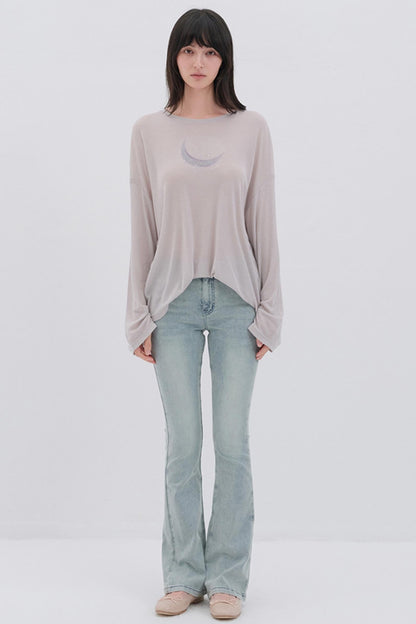 Moon Print Wool Blend Long Sleeves Top