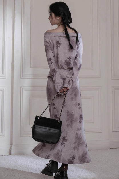 Gray Purple Bow Neck Knit Skirt Set