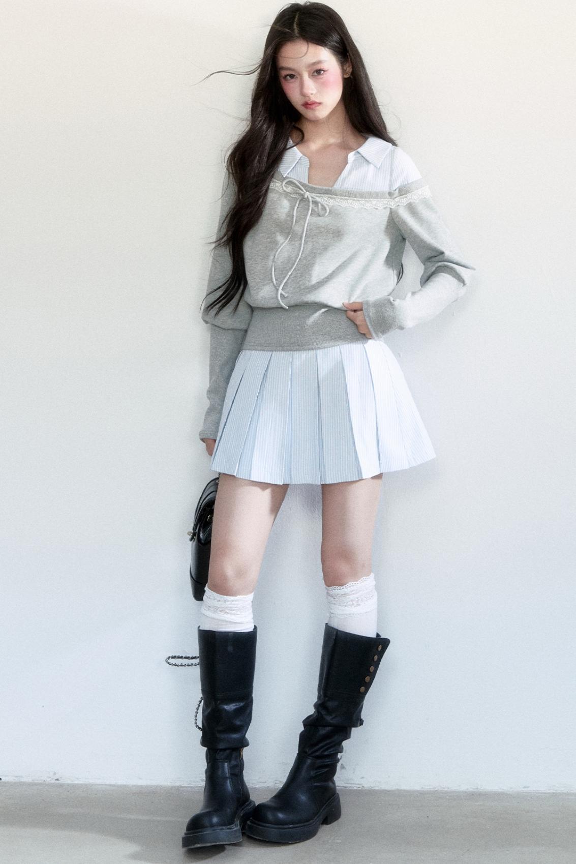 Patchwork Striped Pleated Skirt Set-Up