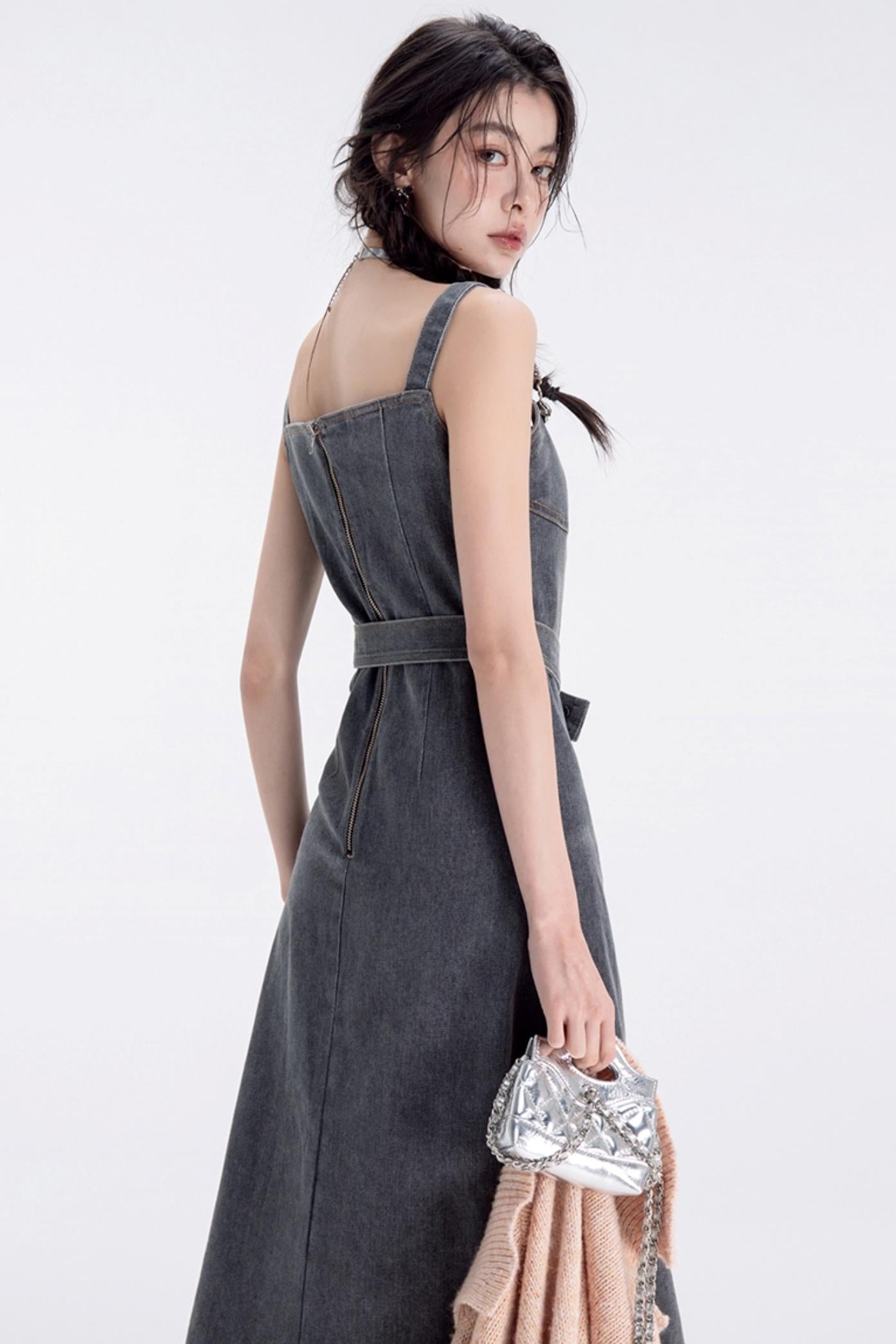 Distressed Wash Denim Strap Dress