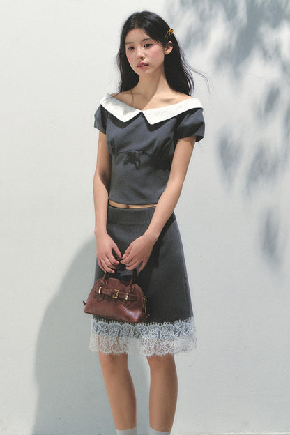 Beaded Princess Sleeve Top Skirt Set-Up