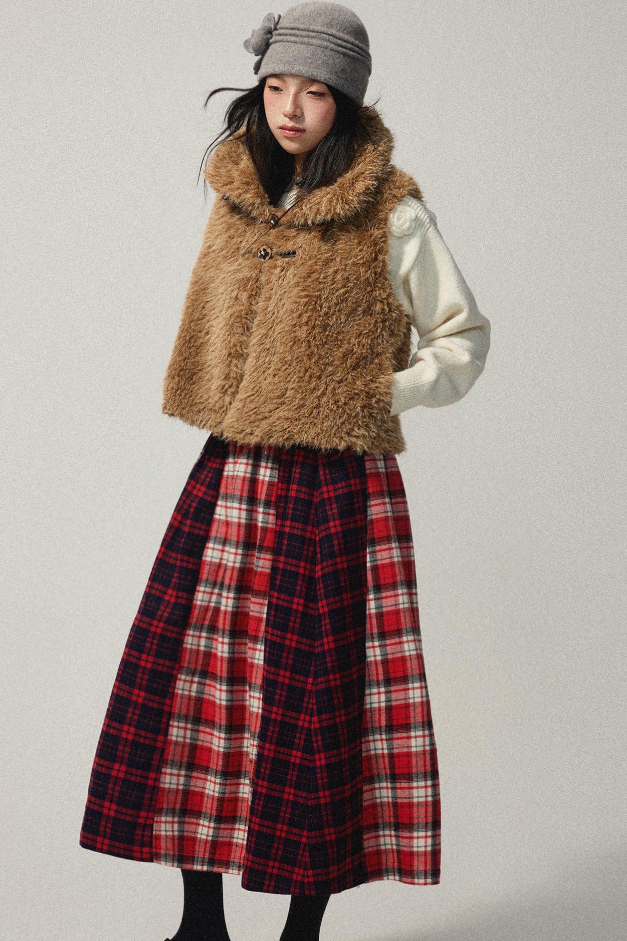 Red Plaid Elastic Waist A-Line Skirt