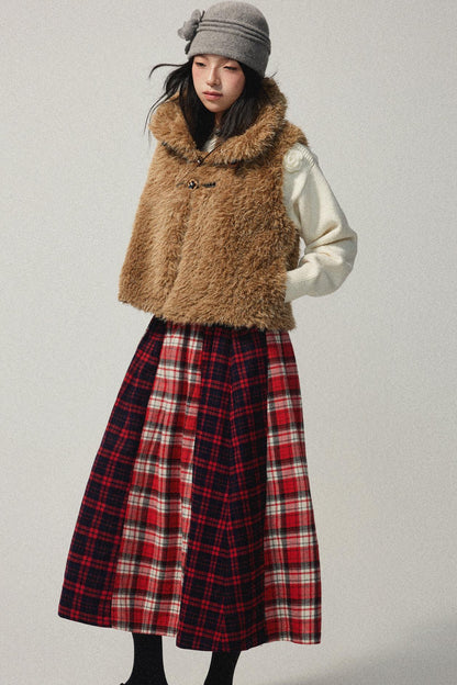 Red Plaid Elastic Waist A-Line Skirt