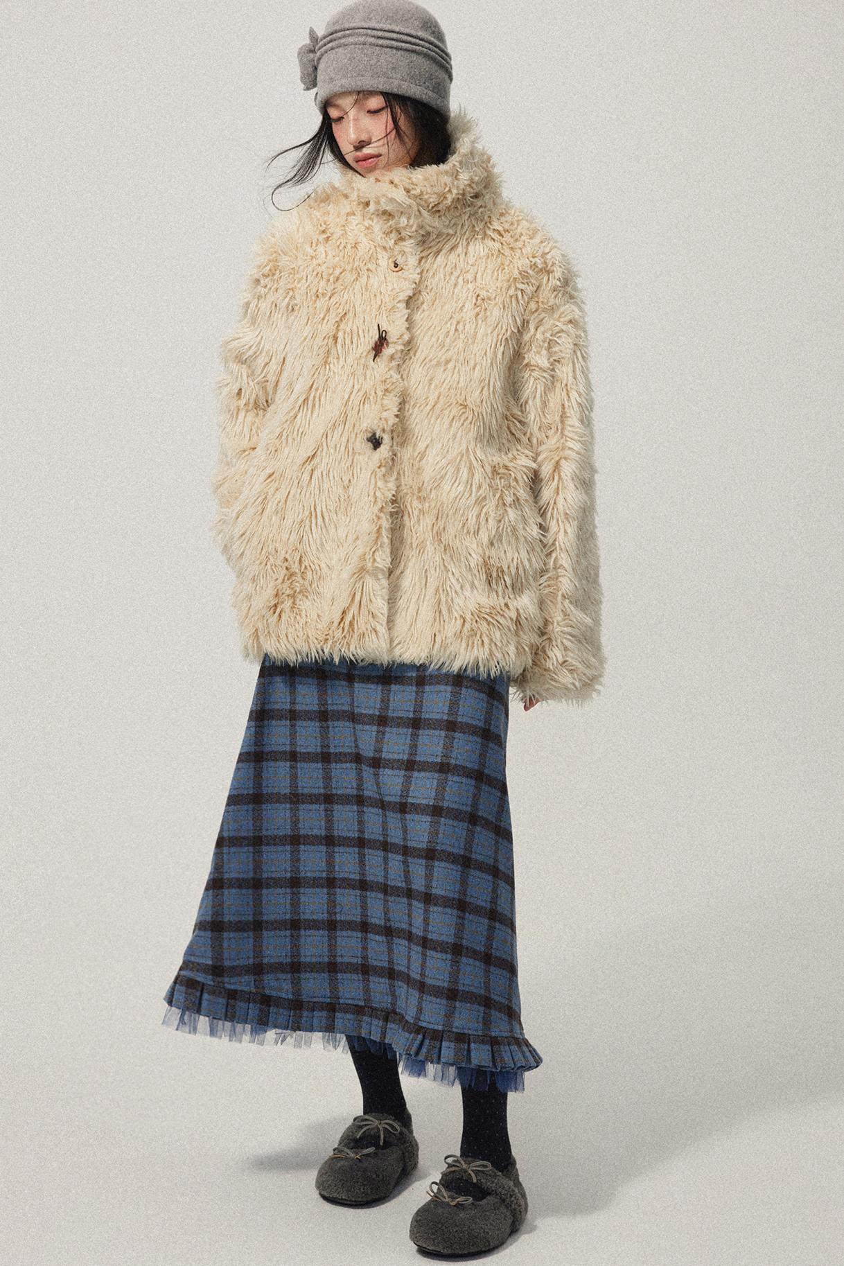 Khaki Wool Fur Collar Slim Coat