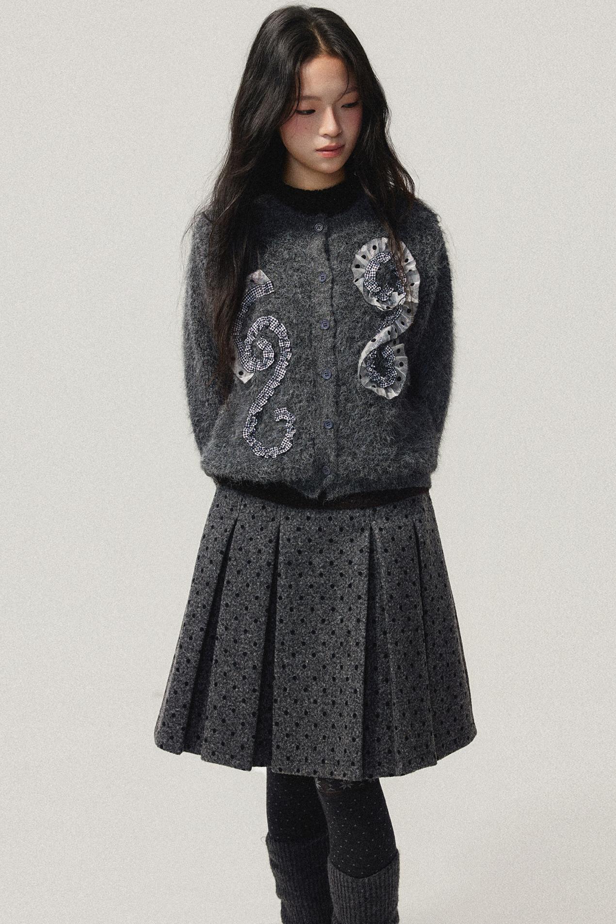 Gray Polka Dot Wool Pleated Skirt