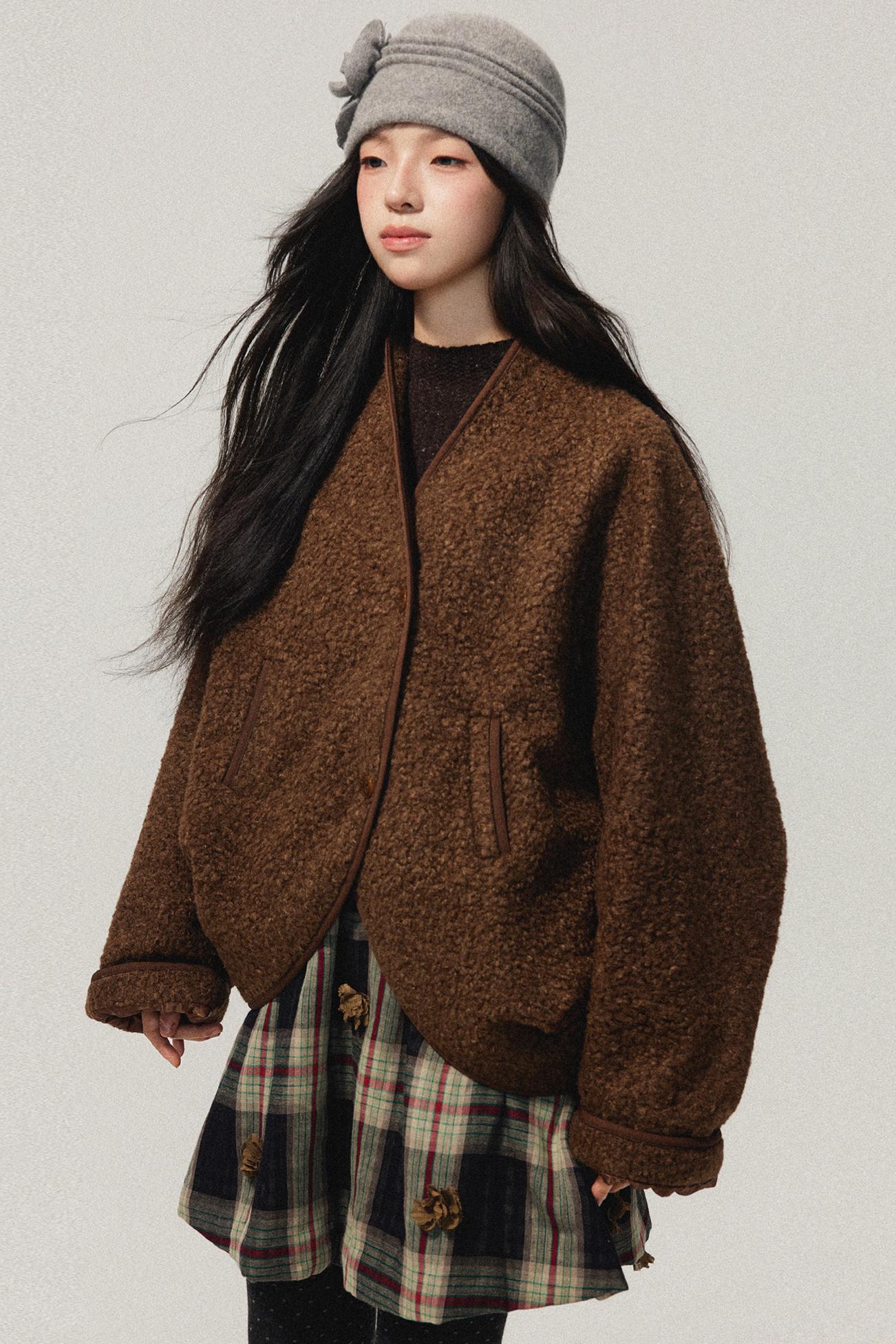 Brown Collarless Lambswool Jacket