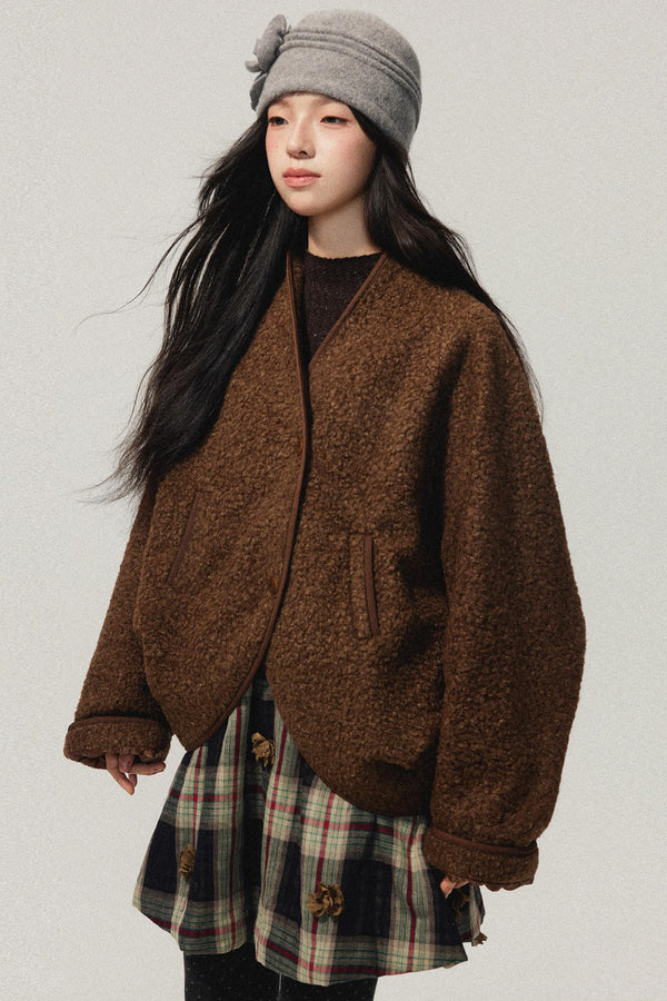 Brown Collarless Lambswool Jacket