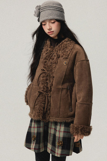 Brown Bow Detail Flower Brooch Coat