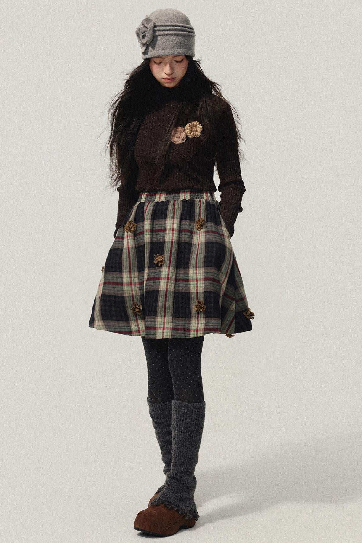 Coffee Red Plaid Cotton Warm Skirt