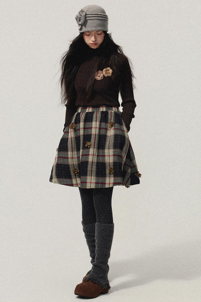 Coffee Red Plaid Cotton Warm Skirt