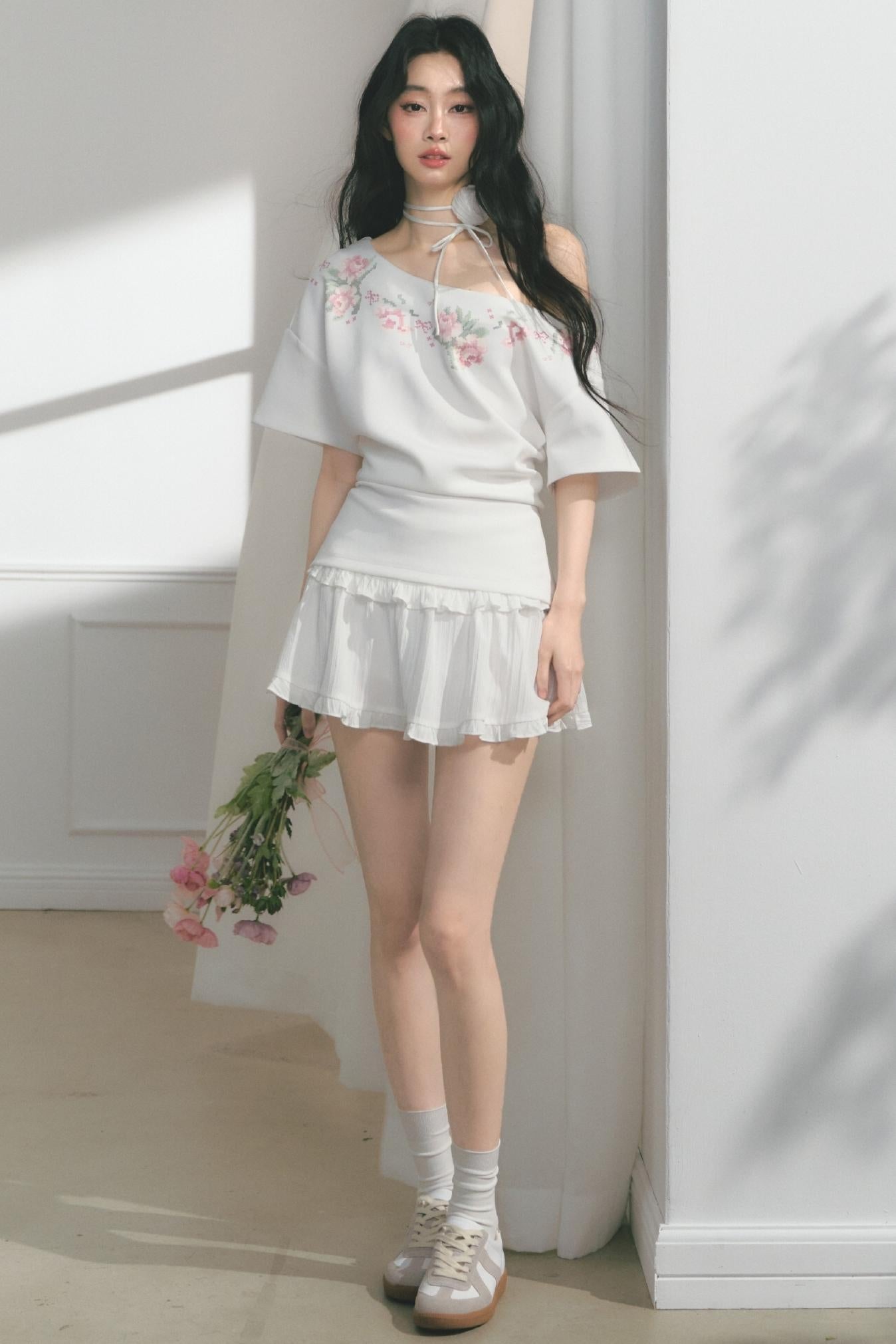 Floral Embroidered Button Top