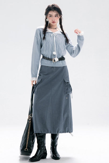 Blended Fabric Faux-Denim Skirt