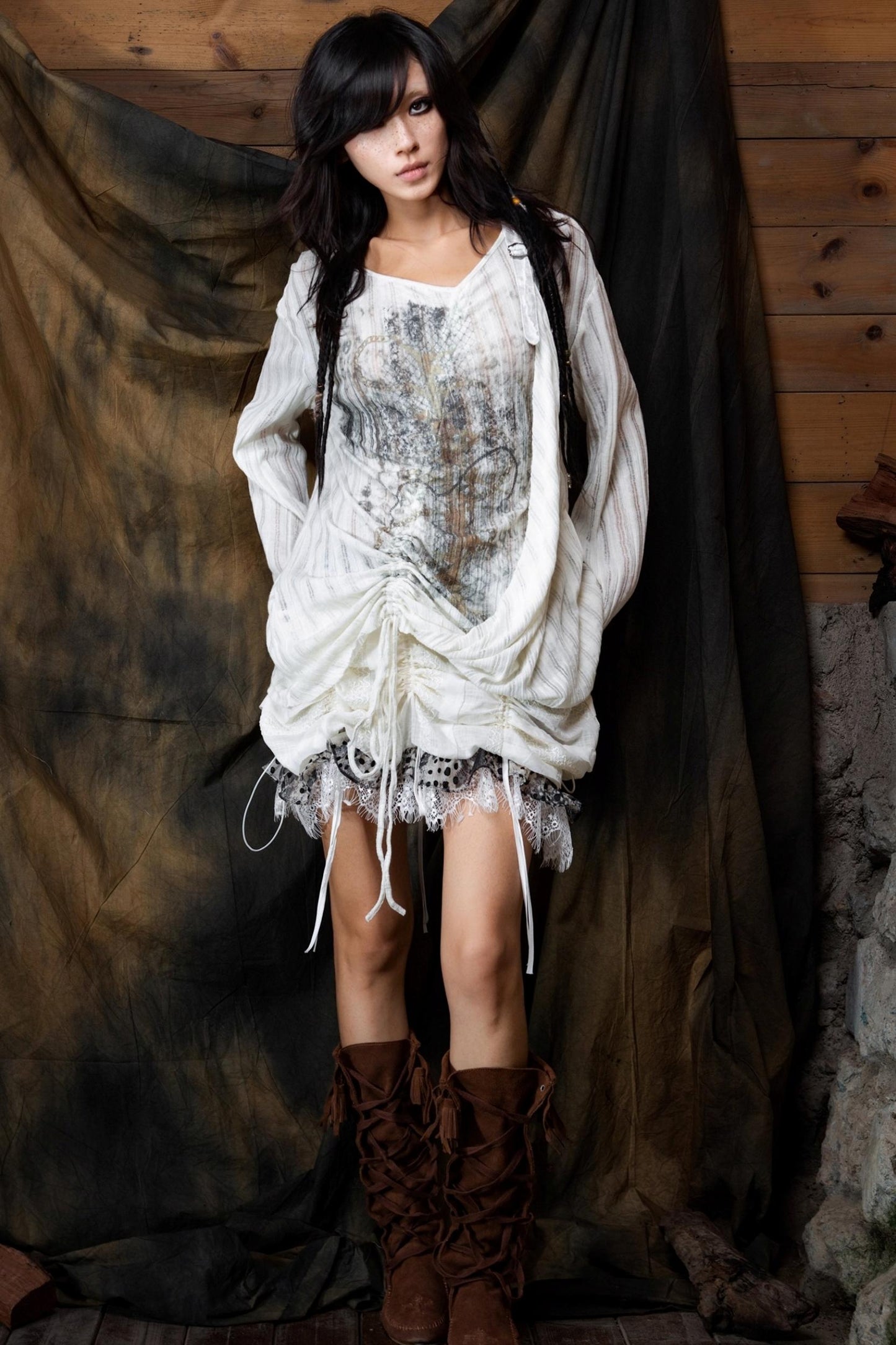 Vintage V-Neck Lace-Up Knitted Print Long Sleeve T-Shirt