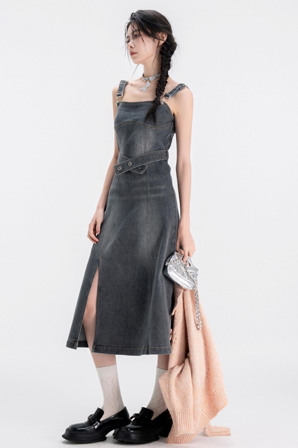 Distressed Wash Denim Strap Dress