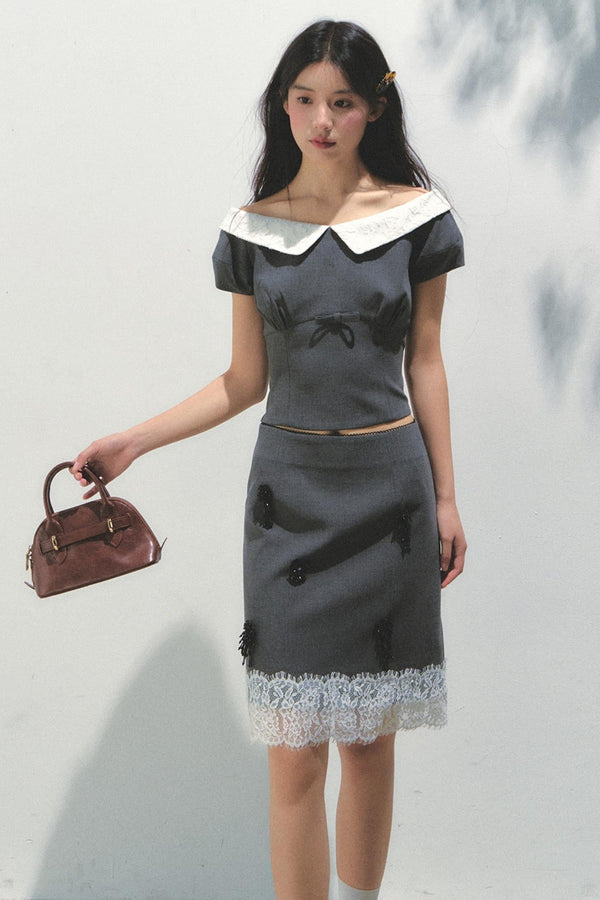 Beaded Princess Sleeve Top Skirt Set-Up