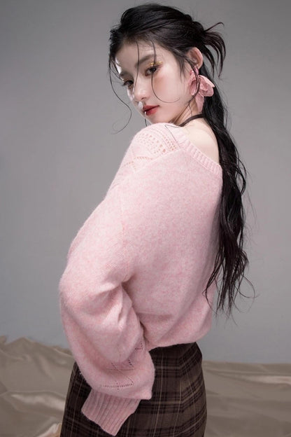 헤이즐넛 로즈 울 브이넥 니트와 홀터넥 조끼 세트