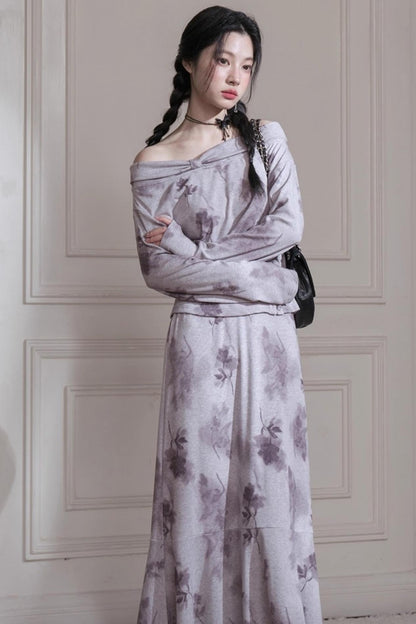 Gray Purple Bow Neck Knit Skirt Set