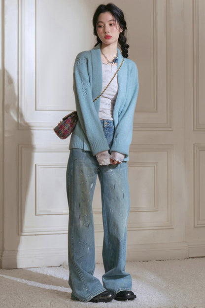 Sky Geometric Straight Jeans