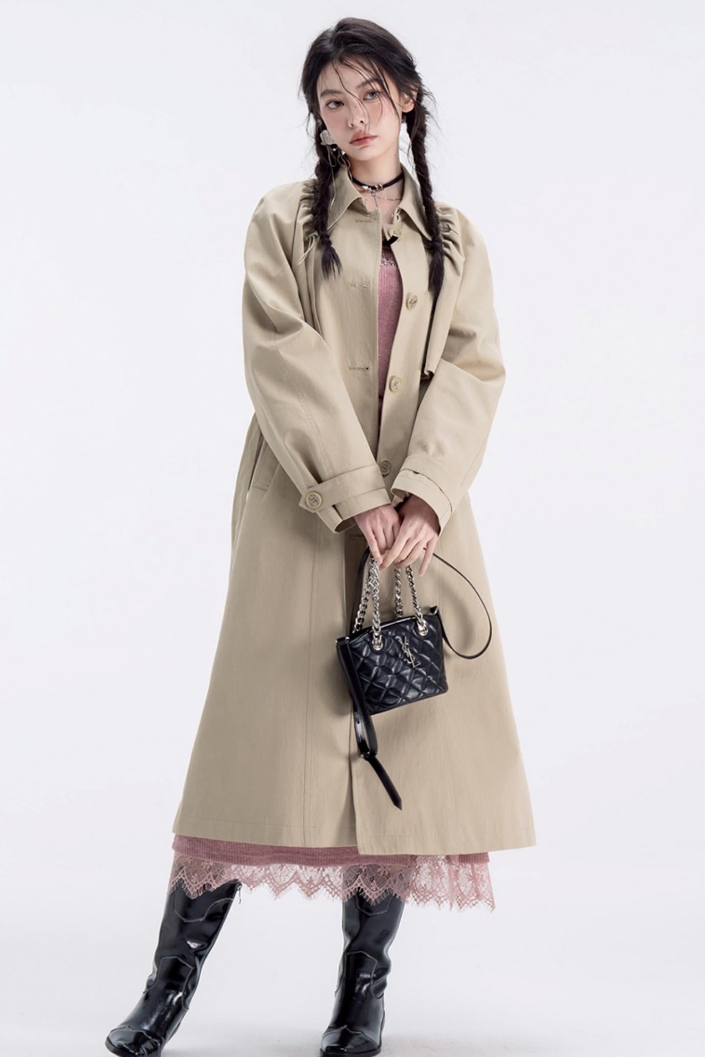 Almond Khaki Drawstring Trench Coat