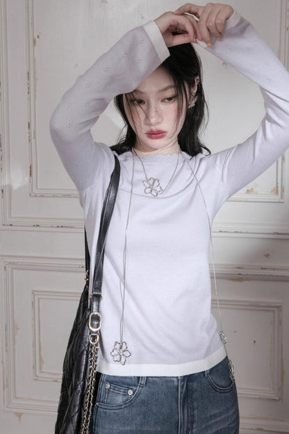 Cream Purple Wool One-Line Collar Top